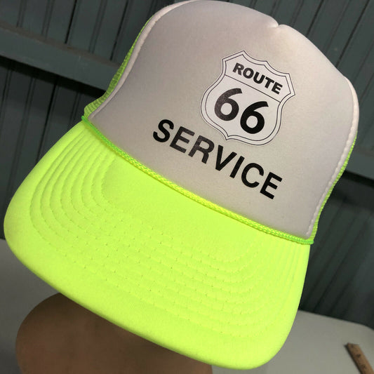 Vintage 90s Route 66 Service Day-Glo Neon Yellow Snapback Mesh Trucker Baseball Hat Cap