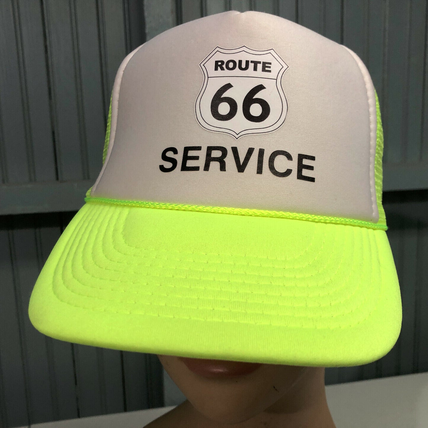 Vintage 90s Route 66 Service Day-Glo Neon Yellow Snapback Mesh Trucker Baseball Hat Cap