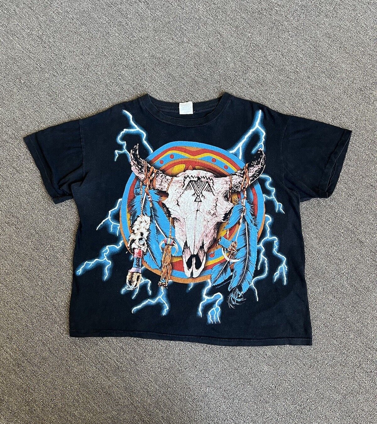 Vintage 90s American Thunder Shirt Skull Native American Lightning Bolts AOP Single Stitch Graphic Tee