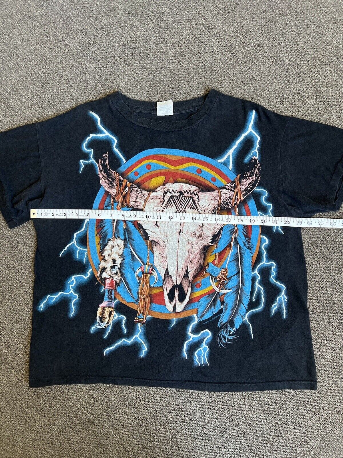 Vintage 90s American Thunder Shirt Skull Native American Lightning Bolts AOP Single Stitch Graphic Tee