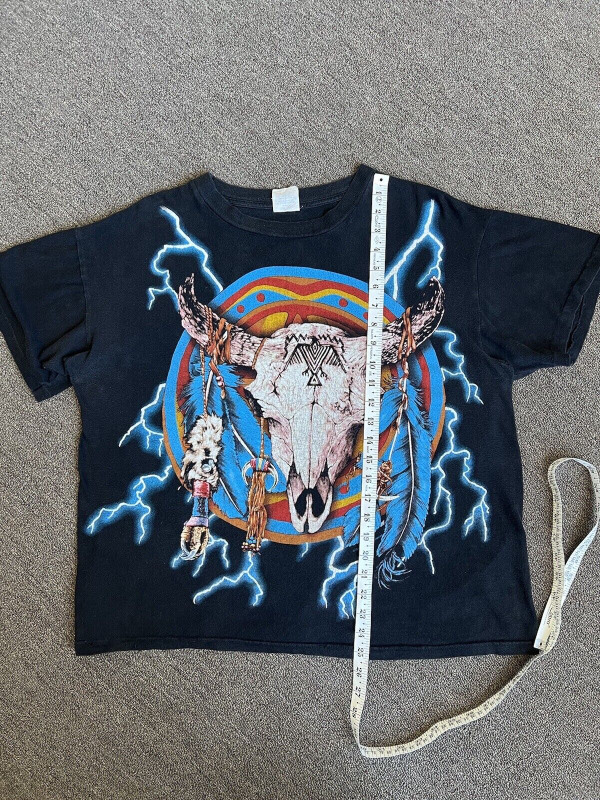 Vintage 90s American Thunder Shirt Skull Native American Lightning Bolts AOP Single Stitch Graphic Tee