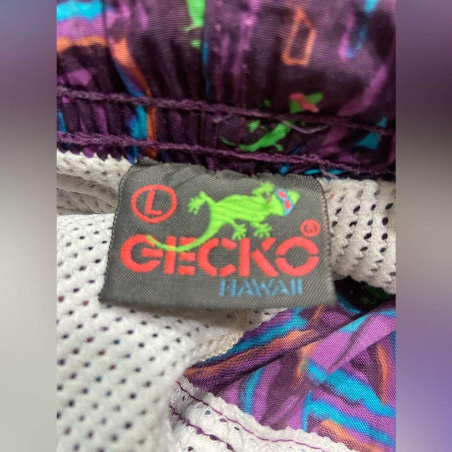 Gecko Hawaii Vintage 90s Retro Day-Glo Neon Fresh Prince Swim Shorts Purple Design Unisex Beach Tropical Swim Trunks