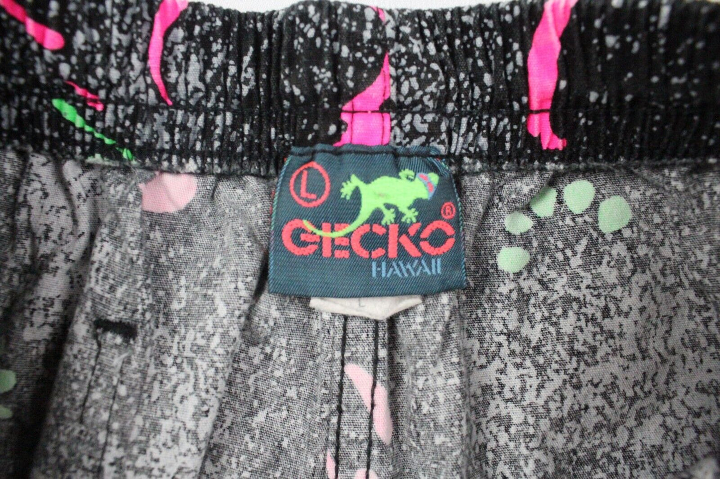 Vintage 9s Gecko Hawaii Lizard AOP Shorts Day-Glo Neon Paint Splatter Abstract Art Fresh Prince Retro Swim Trunks