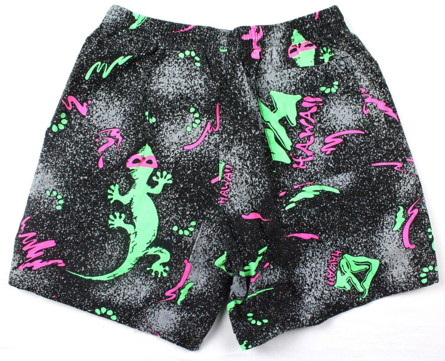 Vintage 9s Gecko Hawaii Lizard AOP Shorts Day-Glo Neon Paint Splatter Abstract Art Fresh Prince Retro Swim Trunks