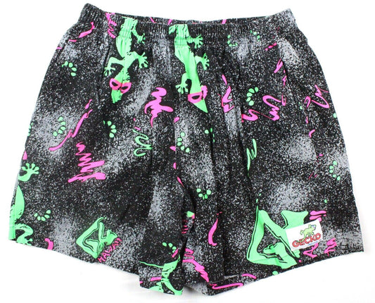 Vintage 9s Gecko Hawaii Lizard AOP Shorts Day-Glo Neon Paint Splatter Abstract Art Fresh Prince Retro Swim Trunks