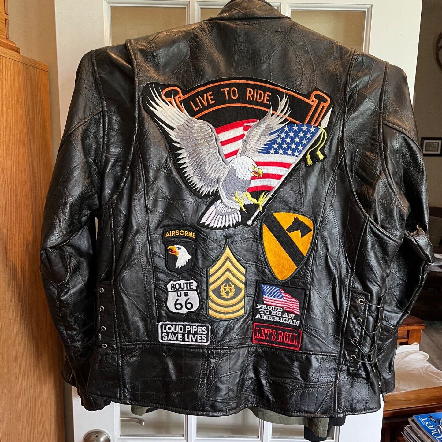 Vintage 90s Rebel Ryder Patchwork Leather Motorcycle Jacket with Biker Patches Live to Ride Route 66 US Bomber