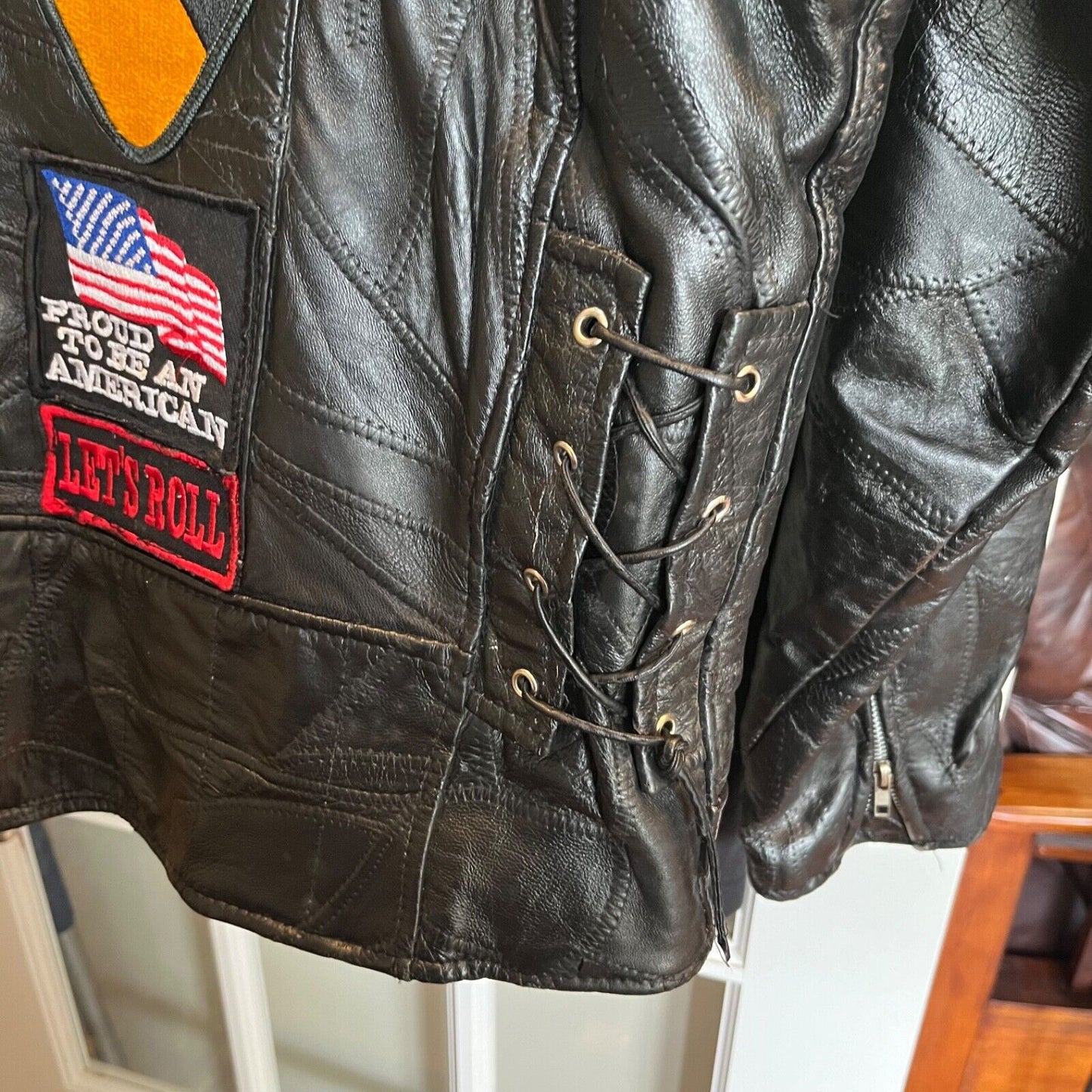 Vintage 90s Rebel Ryder Patchwork Leather Motorcycle Jacket with Biker Patches Live to Ride Route 66 US Bomber