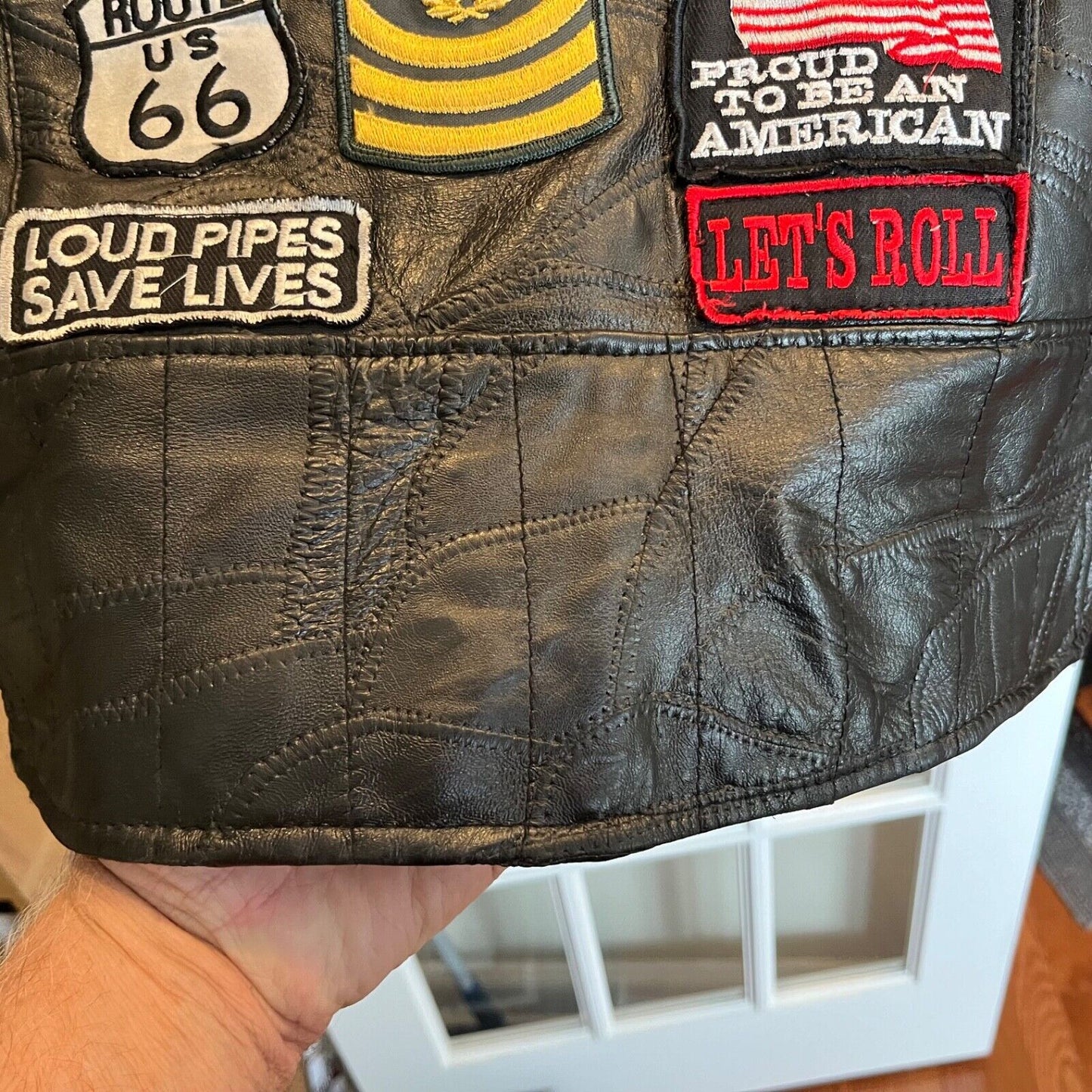 Vintage 90s Rebel Ryder Patchwork Leather Motorcycle Jacket with Biker Patches Live to Ride Route 66 US Bomber