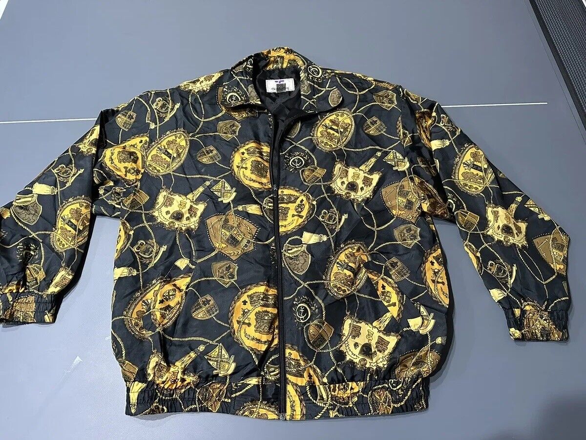 Vintage 90s Baroque Royalty Ropes Silk Black Gold Full Zip Bomber Jacket