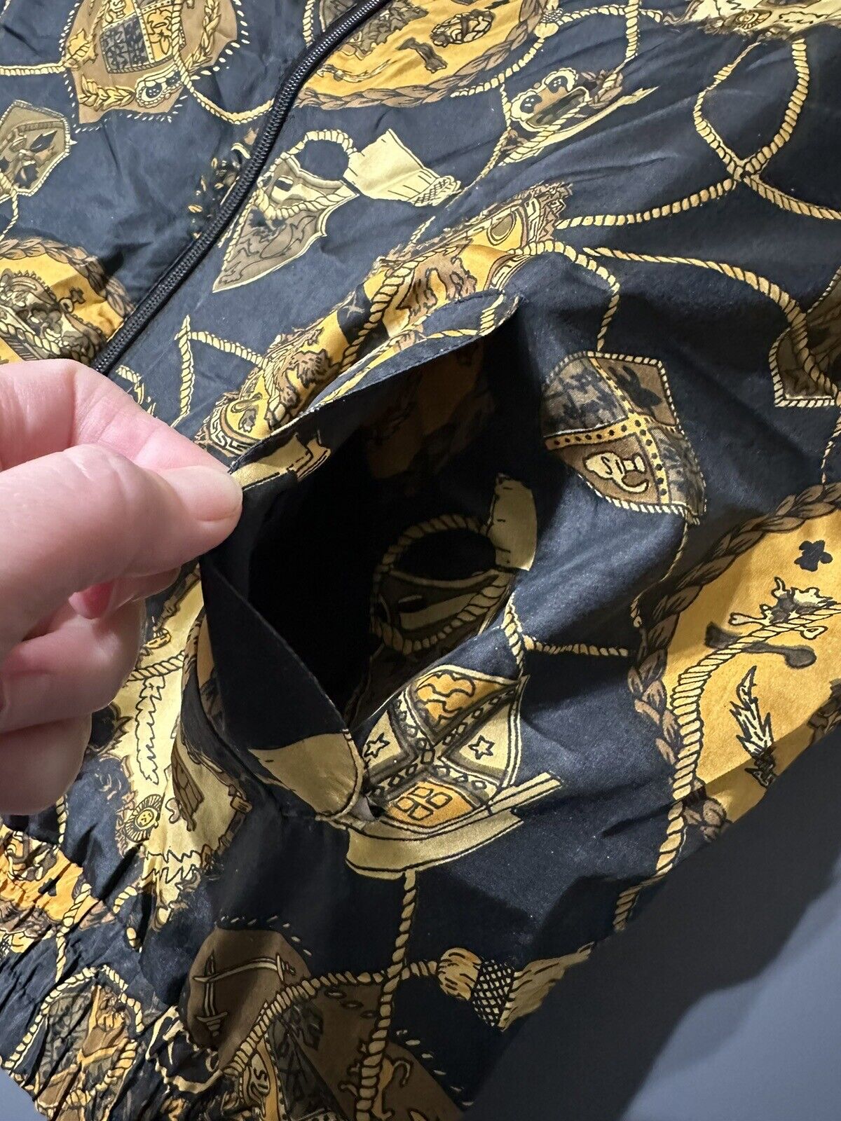 Vintage 90s Baroque Royalty Ropes Silk Black Gold Full Zip Bomber Jacket