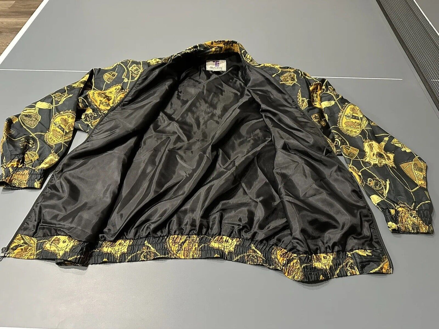 Vintage 90s Baroque Royalty Ropes Silk Black Gold Full Zip Bomber Jacket