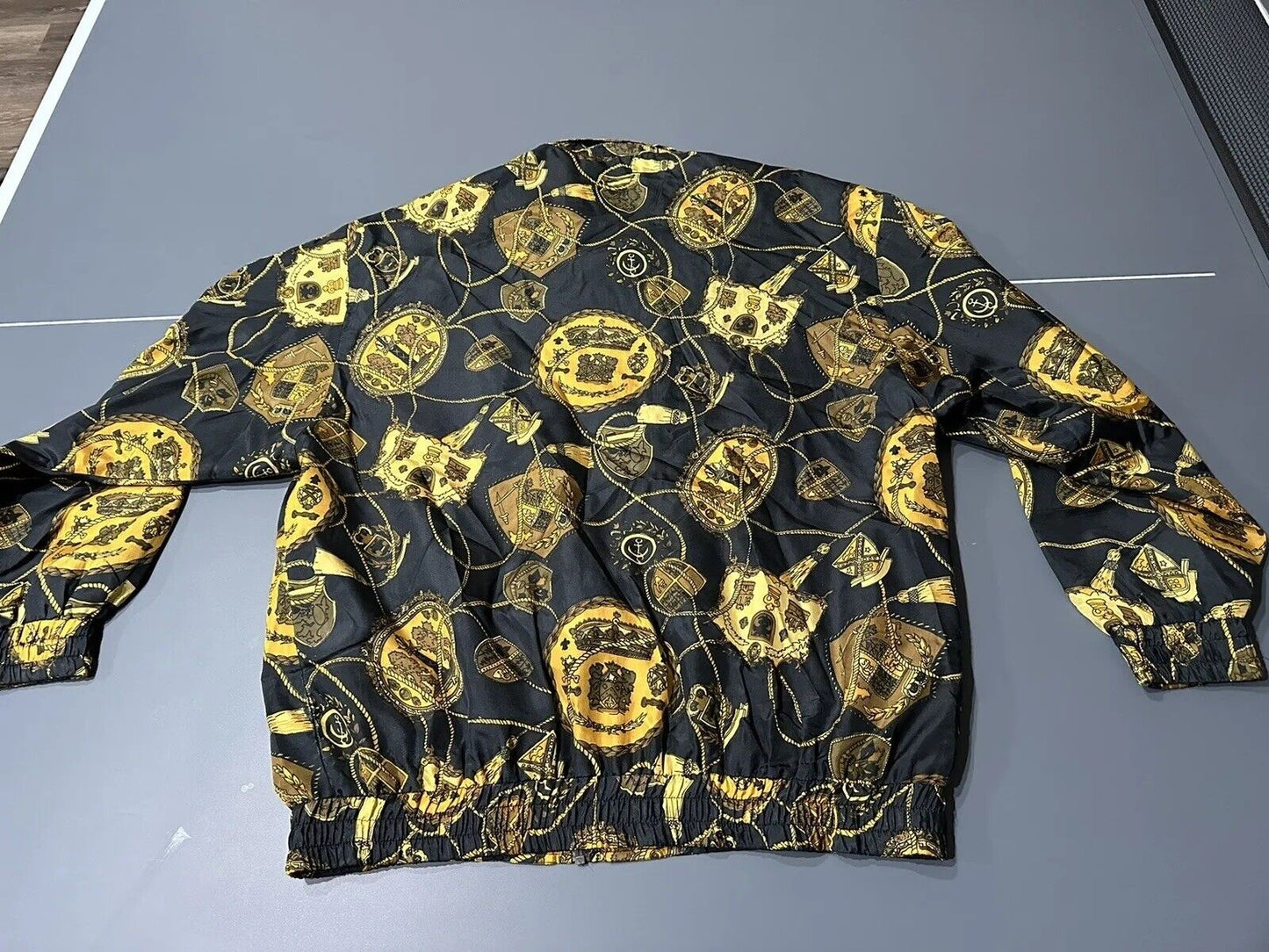 Vintage 90s Baroque Royalty Ropes Silk Black Gold Full Zip Bomber Jacket