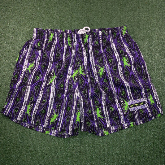 Gecko Hawaii Vintage 90s Retro Day-Glo Neon Fresh Prince Swim Shorts Purple Design Unisex Beach Tropical Swim Trunks