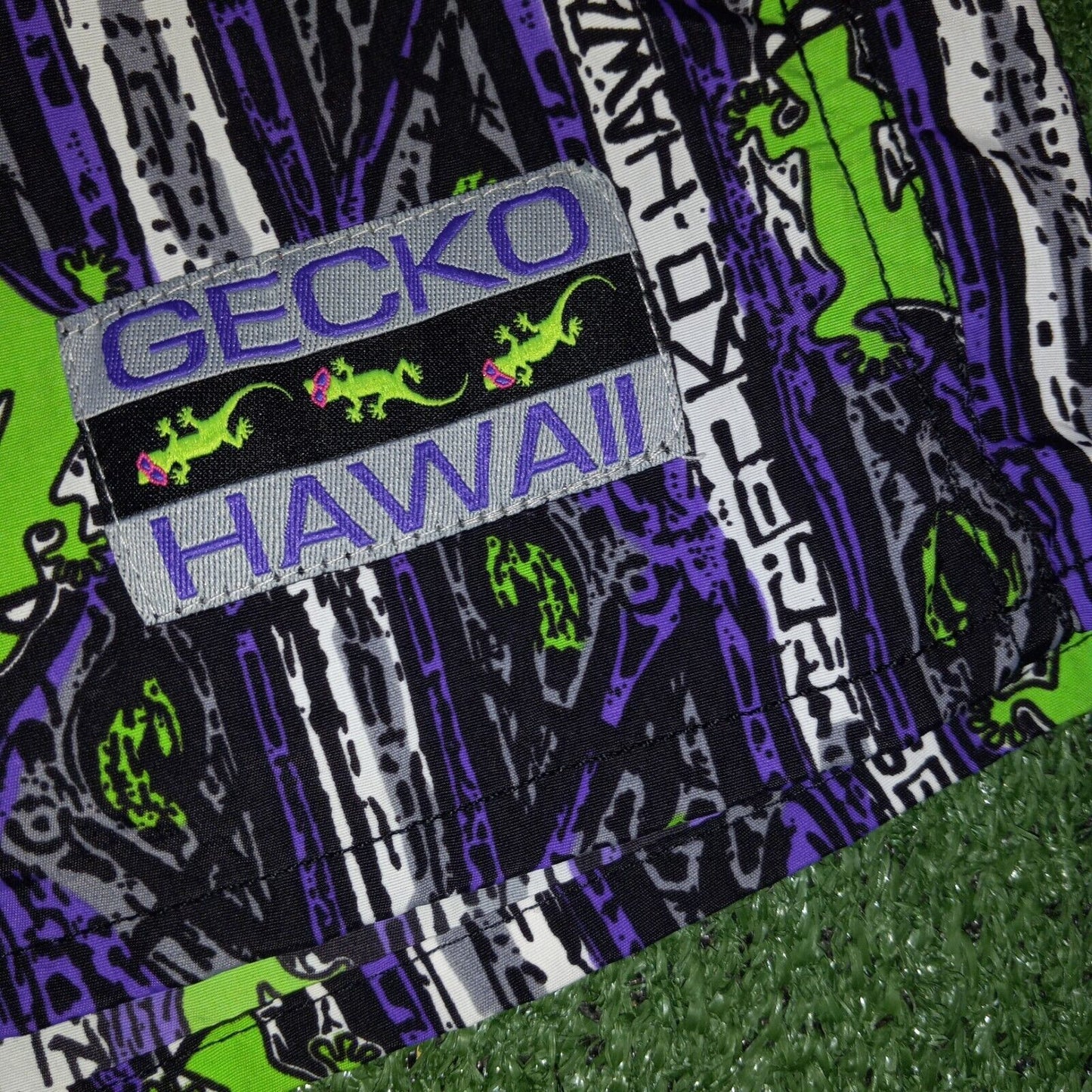 Gecko Hawaii Vintage 90s Retro Day-Glo Neon Fresh Prince Swim Shorts Purple Design Unisex Beach Tropical Swim Trunks