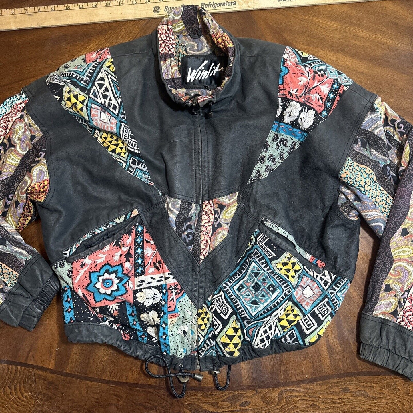 Vintage 80s Winlit Colorful Leather Jacket Patchwork Floral Japan Harajuku Style Bomber