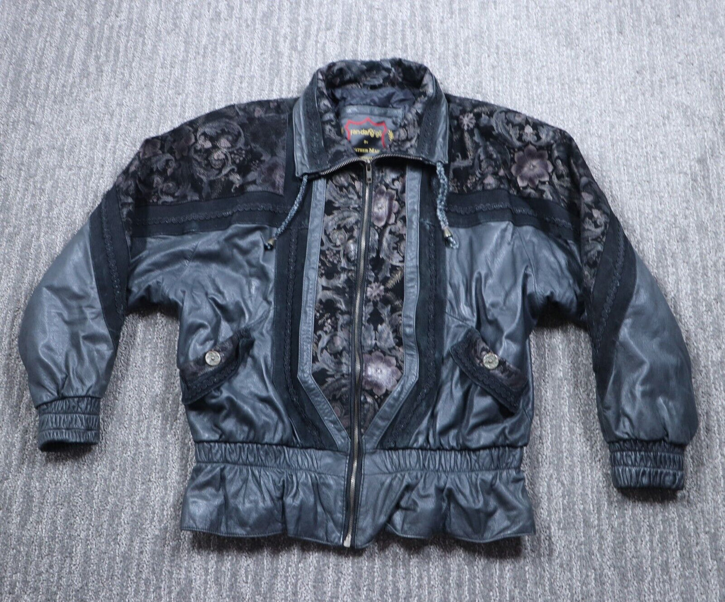 Vintage Fan-Dang-Go Black Leather Lace 1980s Jacket Embossed Padded Shoulder Floral