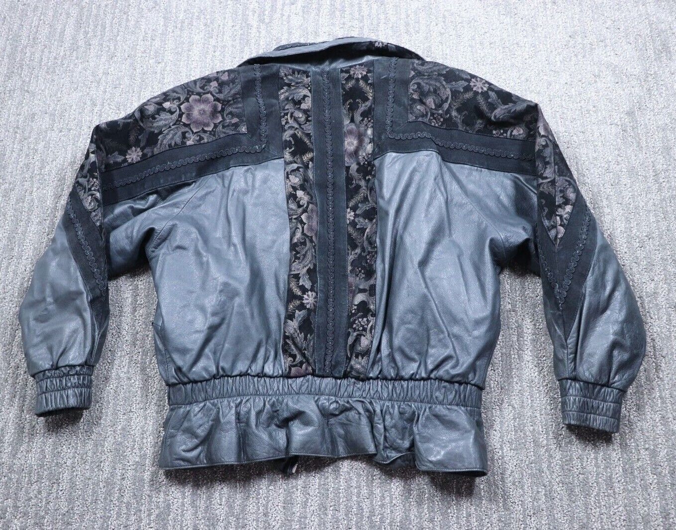 Vintage Fan-Dang-Go Black Leather Lace 1980s Jacket Embossed Padded Shoulder Floral