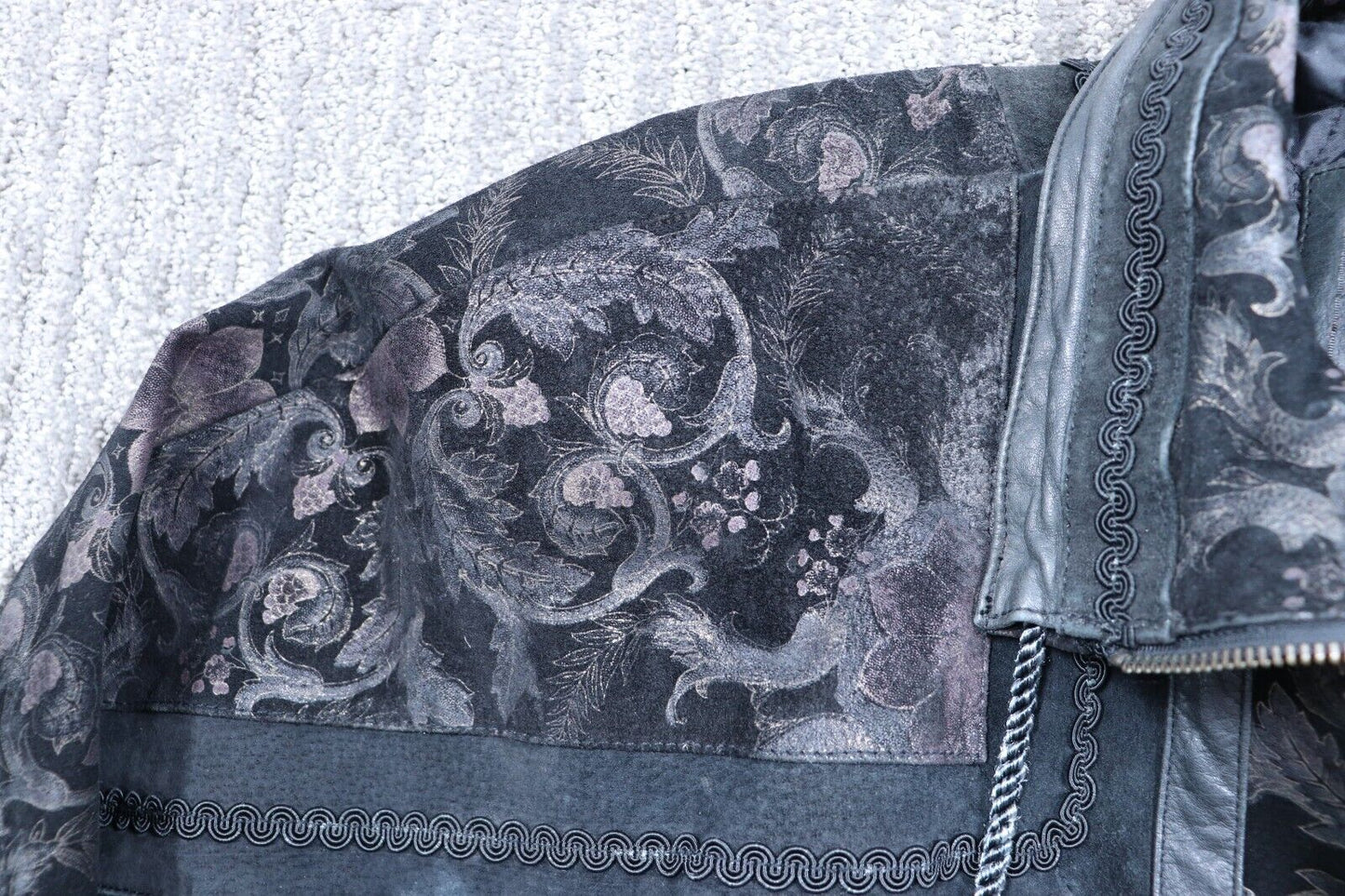 Vintage Fan-Dang-Go Black Leather Lace 1980s Jacket Embossed Padded Shoulder Floral