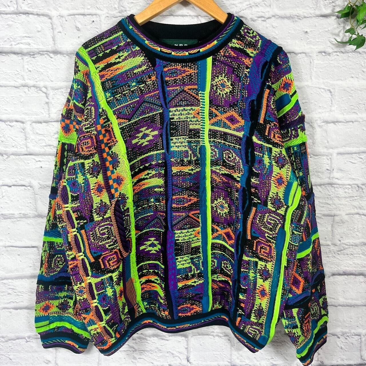 Vintage Tundra Neon Day-Glo Coogi Style 3D Cable Knit Cosby Sweater Acid Grandpa Jumper