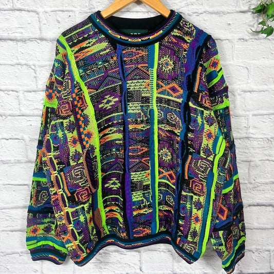 Vintage Tundra Neon Day-Glo Coogi Style 3D Cable Knit Cosby Sweater Acid Grandpa Jumper