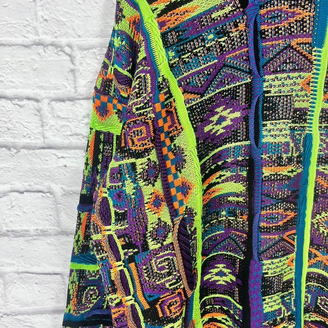 Vintage Tundra Neon Day-Glo Coogi Style 3D Cable Knit Cosby Sweater Acid Grandpa Jumper