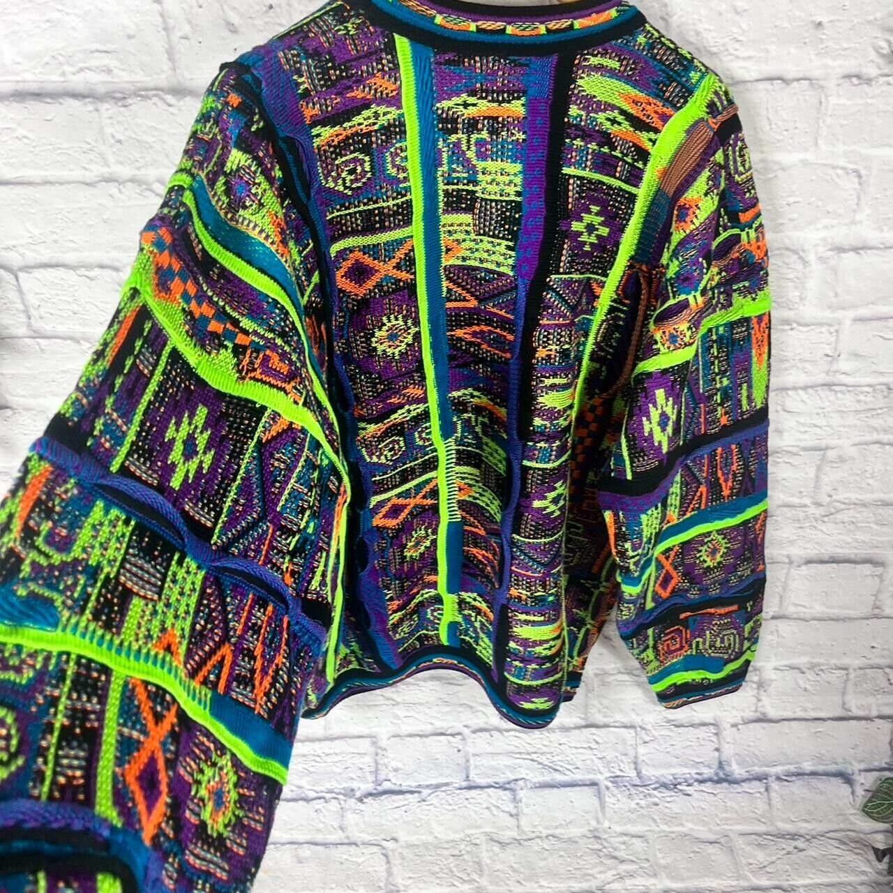 Vintage Tundra Neon Day-Glo Coogi Style 3D Cable Knit Cosby Sweater Acid Grandpa Jumper