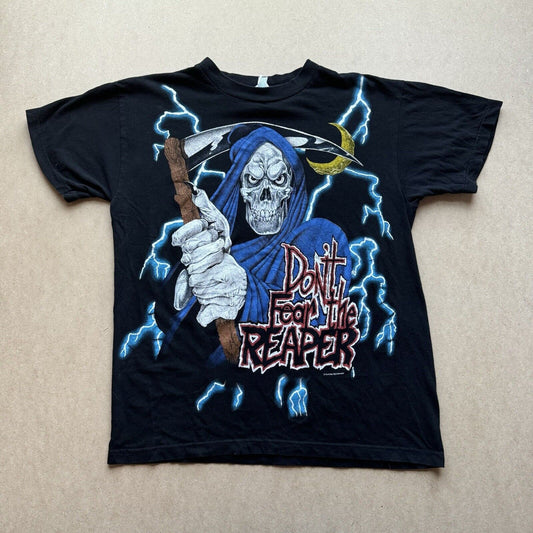 Super Rare Vintage 90s American Thunder Shirt "Don't Fear the Reaper" Skull Lightning Bolts AOP Single Stitch Graphic Tee