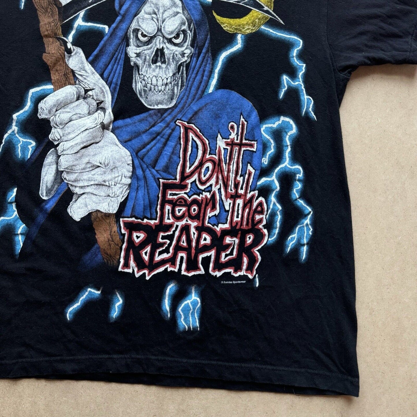 Super Rare Vintage 90s American Thunder Shirt "Don't Fear the Reaper" Skull Lightning Bolts AOP Single Stitch Graphic Tee