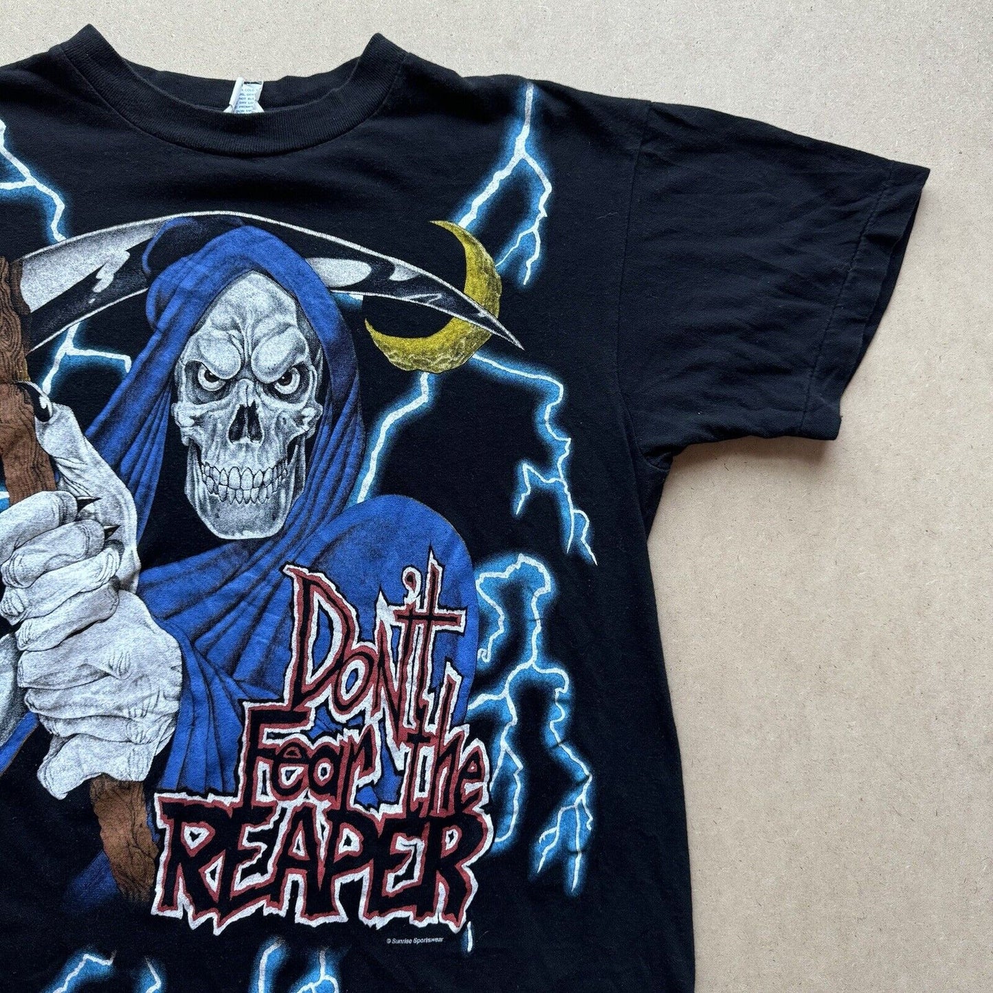 Super Rare Vintage 90s American Thunder Shirt "Don't Fear the Reaper" Skull Lightning Bolts AOP Single Stitch Graphic Tee