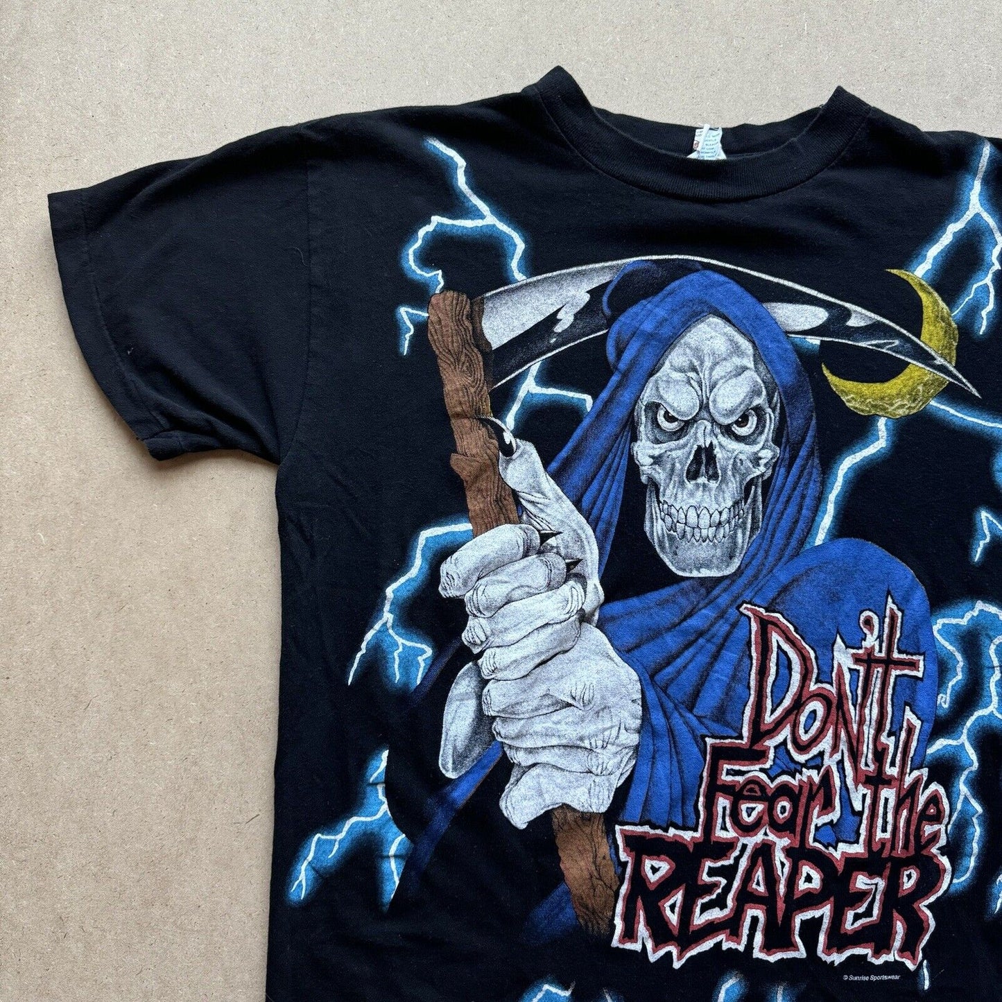 Super Rare Vintage 90s American Thunder Shirt "Don't Fear the Reaper" Skull Lightning Bolts AOP Single Stitch Graphic Tee